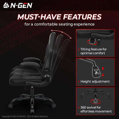 N-GEN GAMING Gaming Chair, Lumbar, PU Leather, Flip-Up Arms, Black