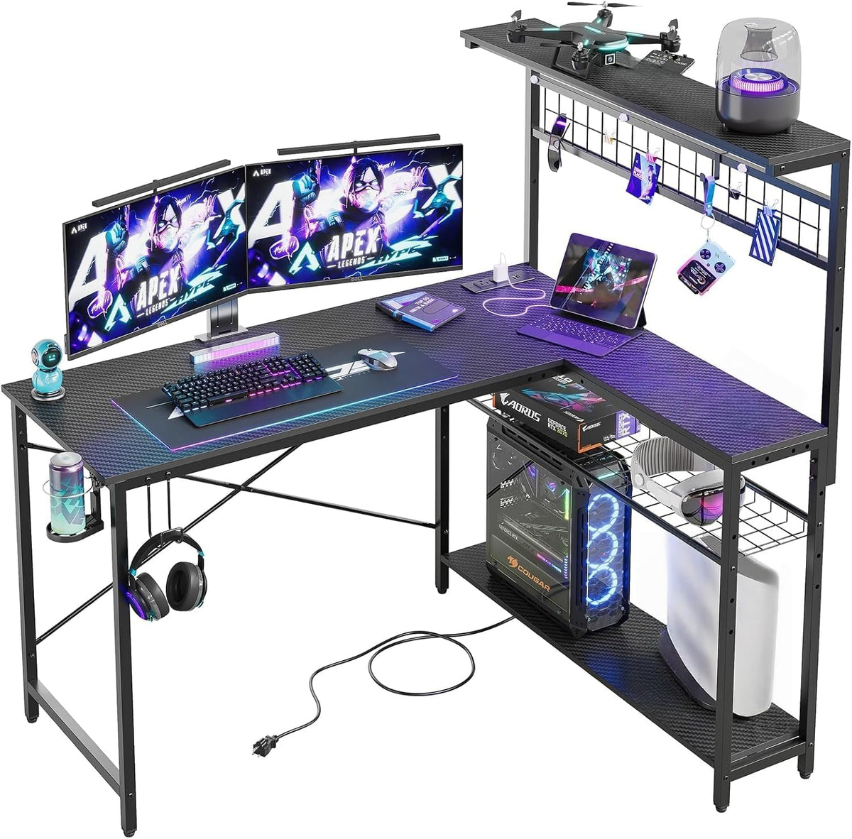 51" L Gaming Desk with Power Outlets LED Lights, Carbon Fiber Black